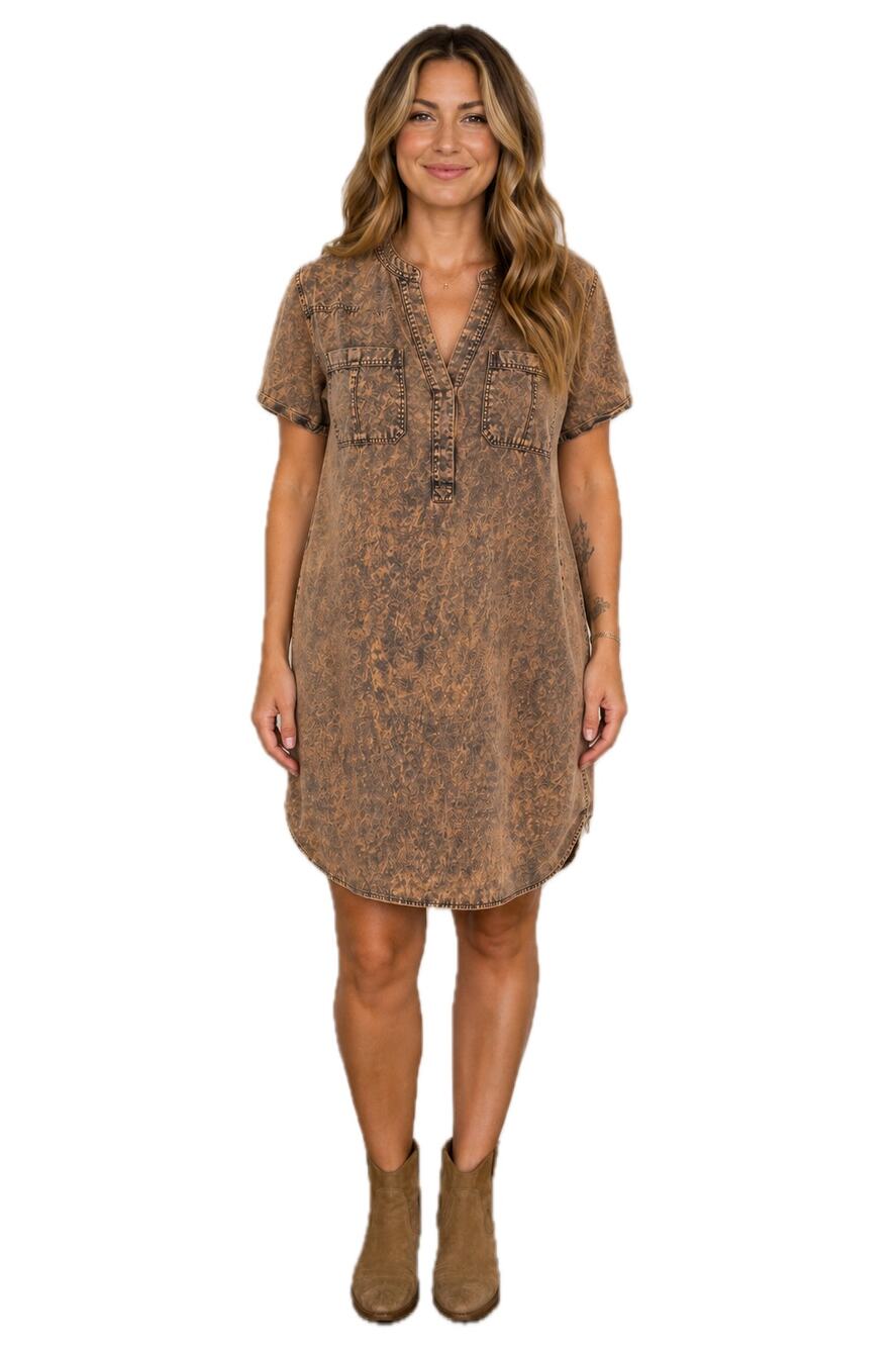 Mineral Wash Lyocell Boho Utility Shirt Dress Brown Large Festival Lagenlook